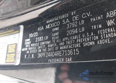 2024 Kia Forte Lxs из США, поврежденный, VIN 3KPF24AD4RE713615